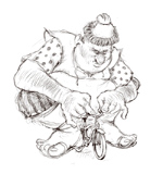 ‘Giant Biker’  Coloring Page of a giant riding a bike, from the endpapers of Jacques and de Beanstalk, a Cajun fairy tale.